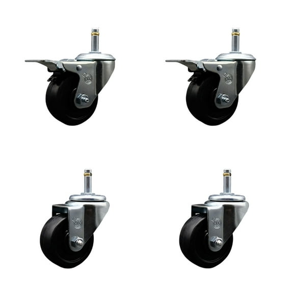 3 Inch Soft Rubber Wheel Swivel 7/16 Inch Stem Caster Set 2 Total Lock Brake SCC