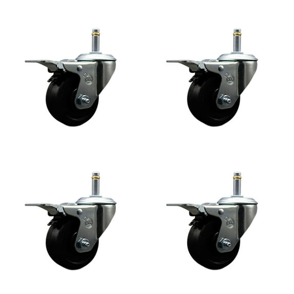 3 Inch Soft Rubber Wheel Swivel 7/16 Inch Stem Caster Set with Total Lock Brake