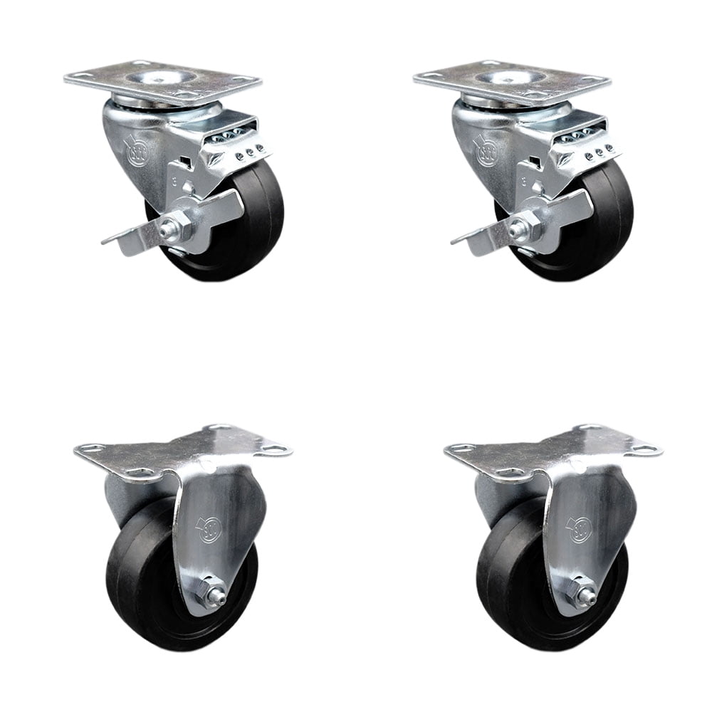 3 Inch Soft Rubber Wheel Swivel Top Plate Caster Set with 2 Brake 2 Rigid SCC
