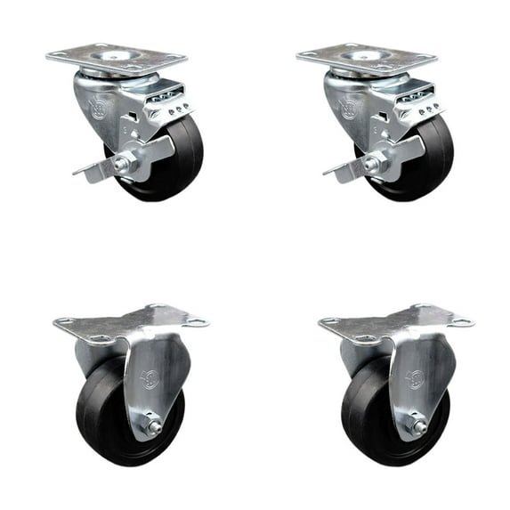 3 Inch Soft Rubber Wheel Swivel Top Plate Caster Set with 2 Brake 2 Rigid SCC