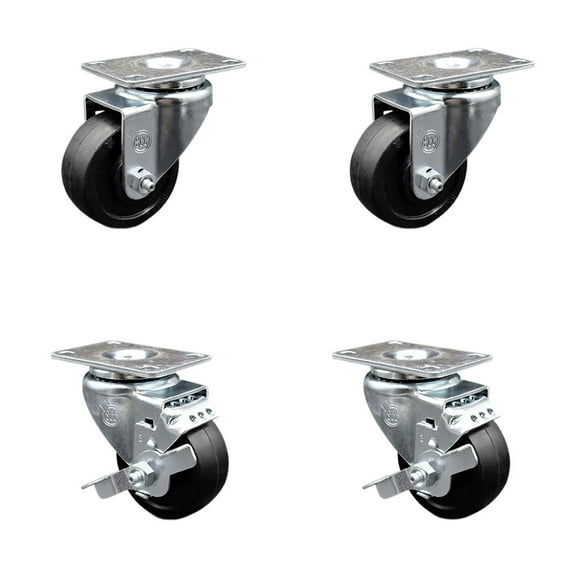 3 Inch Soft Rubber Wheel Swivel Top Plate Caster Set with 2 Brakes SCC