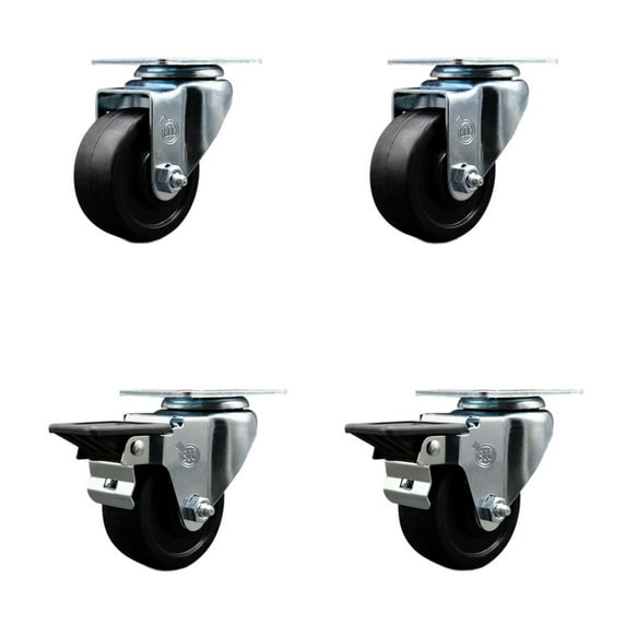 3 Inch Soft Rubber Wheel Swivel Top Plate Caster Set with 2 Posi Brakes SCC