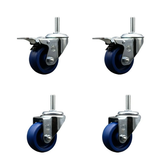 3 Inch Solid Poly Swivel 3/4 Inch Threaded Stem Caster Set 2 Total Lock Brakes