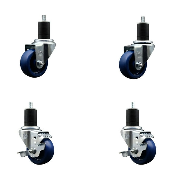 3 Inch Solid Poly Wheel Swivel 1-3/4 Inch Expanding Stem Caster Set 2 Brakes SCC