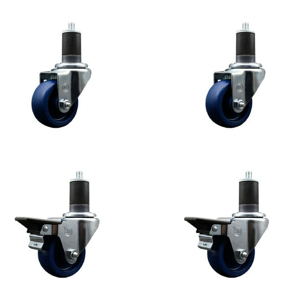 3 Inch Solid Poly Wheel Swivel 1-5/8 Inch Expanding Stem Caster Set 2 Brakes SCC