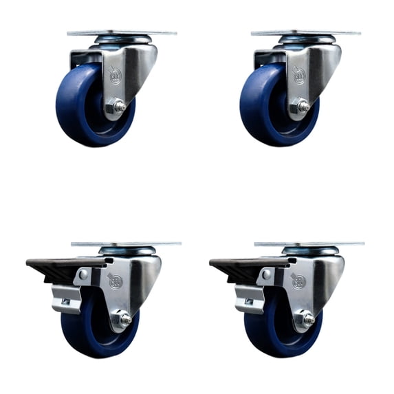 3 Inch Solid Poly Wheel Swivel Top Plate Caster Set with 2 Posi Brakes SCC