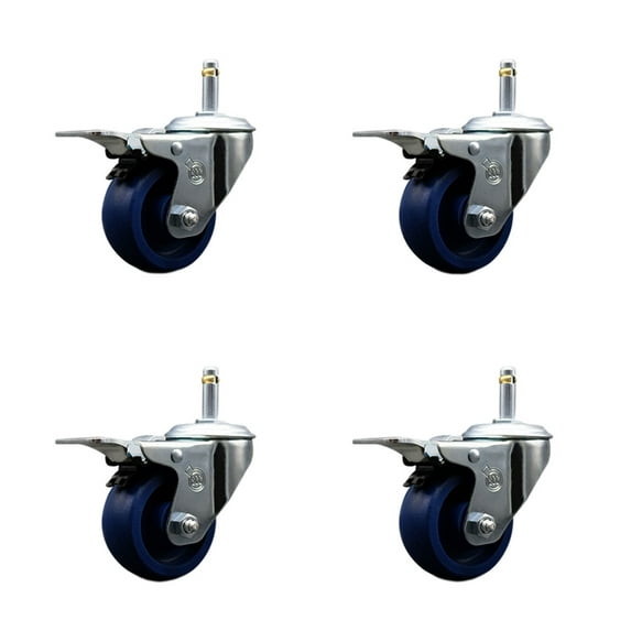 3 Inch Solid Polyurethane Swivel 7/16 Inch Stem Caster Set with Total Lock Brake