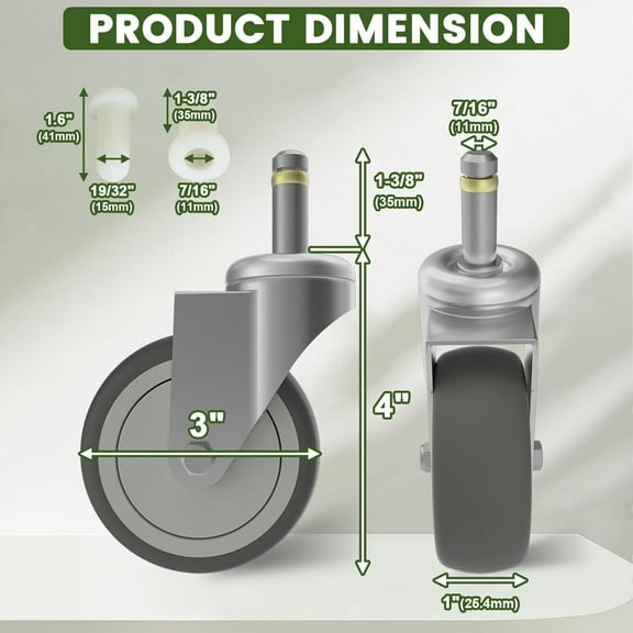 3 Inch Swivel Stem Caster with TPR Rubber Wheel for Heavy Duty Use - Pack of 4