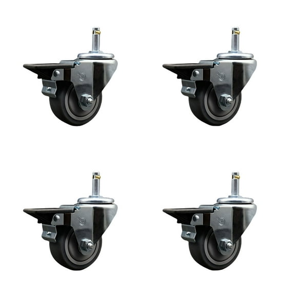 3 Inch Thermo Rubber Swivel 7/16 Inch Grip Ring Stem Caster Set with Brake