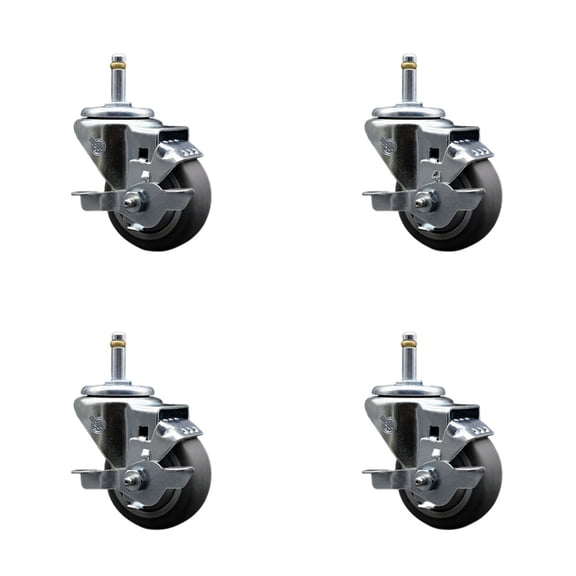 3 Inch Thermo Rubber Swivel 7/16 Inch Grip Ring Stem Caster Set with Brake
