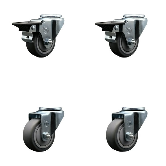 3 Inch Thermo Rubber Wheel Swivel Bolt Hole Caster Set with 2 Posi Lock Brakes