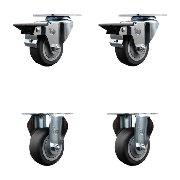 3 Inch Thermo Rubber Wheel Swivel Top Plate Caster Set w/ 2 Posi Brakes 2 Rigid