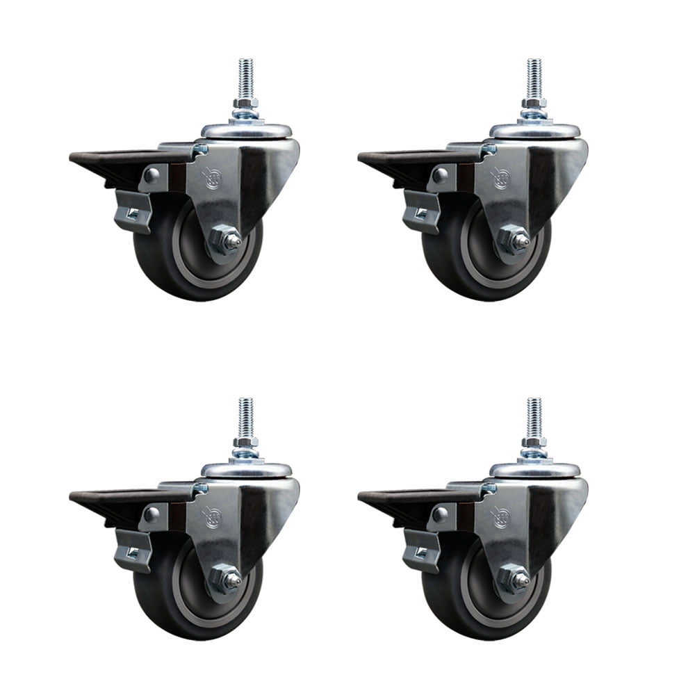 Soft Rubber Swivel Caster Set Of 4 - 3 Inch Wheels, 3/8 Threaded Stem, 700lb Total Capacity