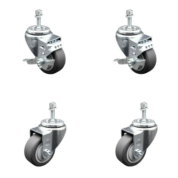 3 Inch Thermoplastic Rubber Swivel 10mm Threaded Stem Caster Set 2 Brake SCC
