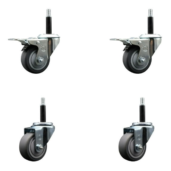 3 Inch Thermo Rubber Swivel 3/4 Inch Expanding Stem Caster Set 2 Brakes