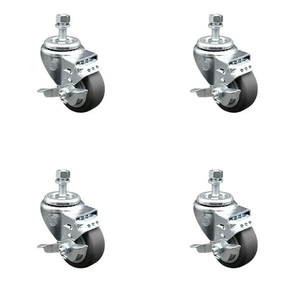 3 Inch Thermoplastic Rubber Swivel 3/8 Inch Threaded Stem Caster Set with Brake
