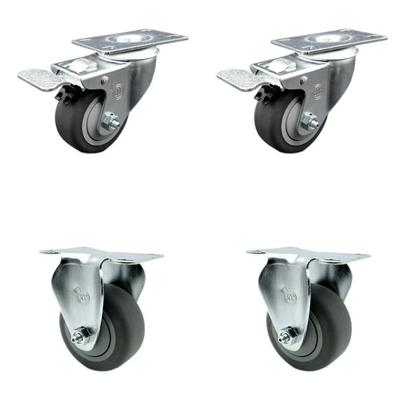 3 Inch Thermoplastic Rubber Swivel Top Plate Caster Set 2 Lock Brakes 2 Rigid