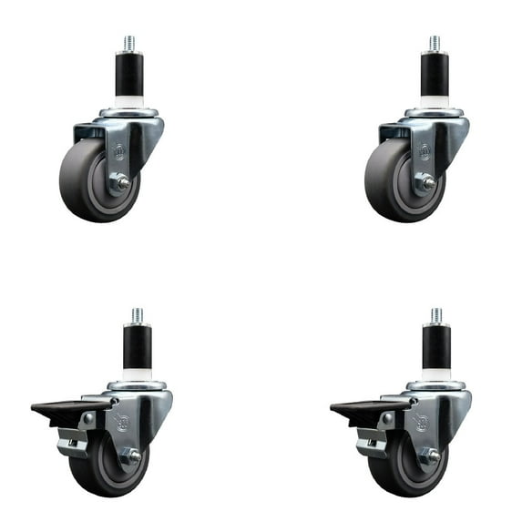 3 Inch Thermo Rubber Wheel Swivel 1-3/8 Inch Expanding Stem Caster Set 2 Brakes