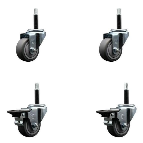 3 Inch Thermo Rubber Wheel Swivel 3/4 Inch Expanding Stem Caster Set 2 Brakes