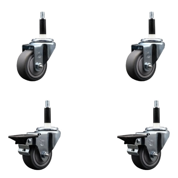 3 Inch Thermo Rubber Wheel Swivel 7/8 Inch Expanding Stem Caster Set 2 Brakes