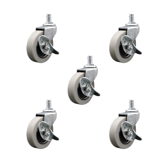 3 Inch Thermoplastic Wheel 7/8 Inch Grip Ring Stem Caster with Brakes Set of 5