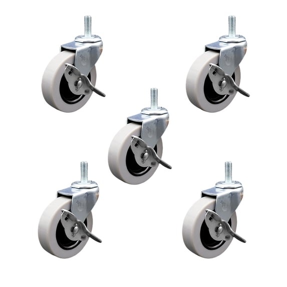 3 Inch Thermoplastic Wheel 8mm Threaded Stem Caster Set with Brakes Set of 5 SCC