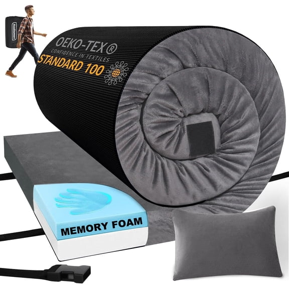 3-Inch Thick Memory Foam Sleeping Pad with Waterproof Backing, Grey, Includes Camping Pillow and Storage Bag