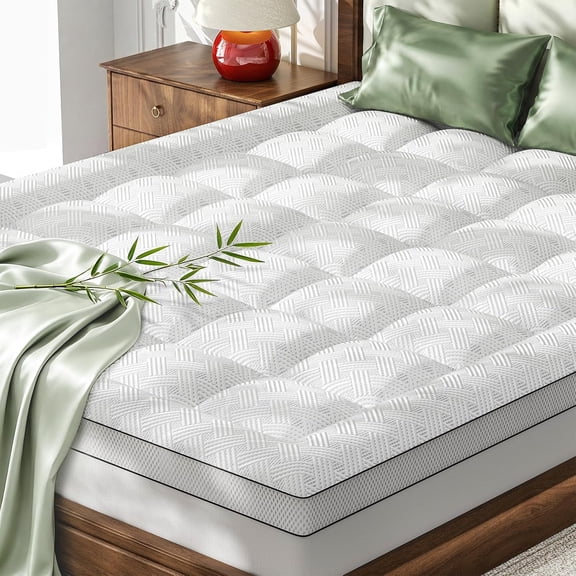 3 Inch Thick Pillow Top Mattress Pad,Bamboo Rayon Breathable Cover,Soft Queen Size Shredded Memory Foam Fill Bed Topper for Comfort Sleep Full Support Pressure Relief