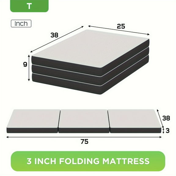 3 Inch Tri-Fold Memory Foam Mattress Topper - Folding Portable with Washable Cover, Non-Slip Bottom, CertiPUR-US Certified for Camping, Guests, RV & Floor