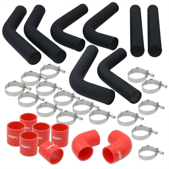 3" Inch Universal Piping Kit Black Aluminum (8pcs) + T-Bolt Clamps (16pcs) + Silicone Couplers Set Red (8pcs) Turbo Intercooler Upgrade