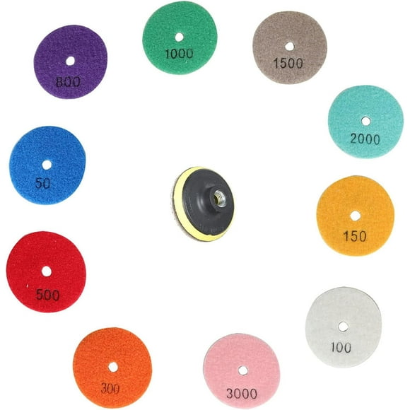 3 Inch Wet/Dry Diamond Polishing Pads with 1Pcs Backer Pad Fit for Polisher, Drill, Grinder, 11Pcs 50-3000 Grit Polishing Pad Kit