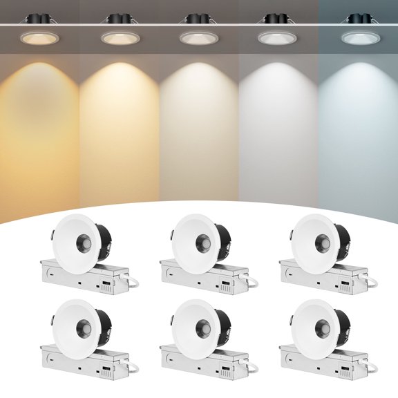 3 Inch White LED Recessed Light, Anti-Glare COB Ceiling Spotlight, 5CCT, 130LM/W, 12W, RA95 Small Exterior Soffit Lights Canless Outdoor Recessed Lighting, Dimmable, Damp Rated Shower Light, 6-Pack