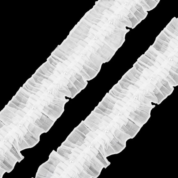 3 Inch Wide White Ruffled Pleated Lace Trim Chiffon Ribbon with Pearls Double Ruffle Gathered Edge Pearl Bead Organza Fabric Trimming for Sewing Making Crafts Clothes Wedding Dress Decor Diy