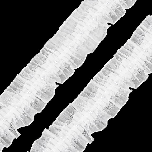 3 Inch Wide White Ruffled Pleated Lace Trim Chiffon Ribbon with Pearls Double Ruffle Gathered Edge Pearl Bead Organza Fabric Trimming for Sewing