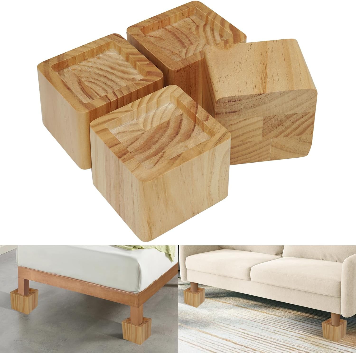 3 Inch Wood Bed and Furniture Risers Lifts Up to 2200 Lbs for Beds