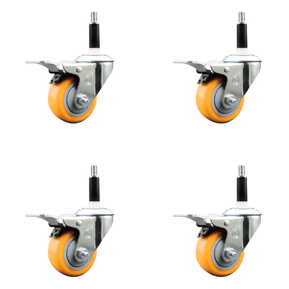3 Inch Yellow Poly Swivel 7/8 Inch Expanding Stem Caster Set Total Lock Brake