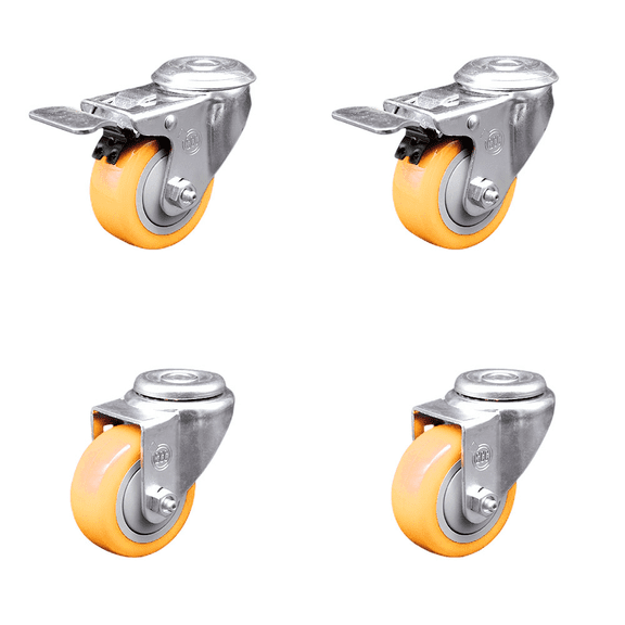 3 Inch Yellow Polyurethane Swivel Bolt Hole Caster Set with 2 Total Lock Brake