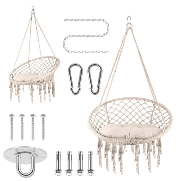 3 Installation Methods Hanging Macrame Swing Chair, 330 LBS Hand-Woven Cotton Rope Hammock Chair with Cushion for Bedroom Patio, Beige