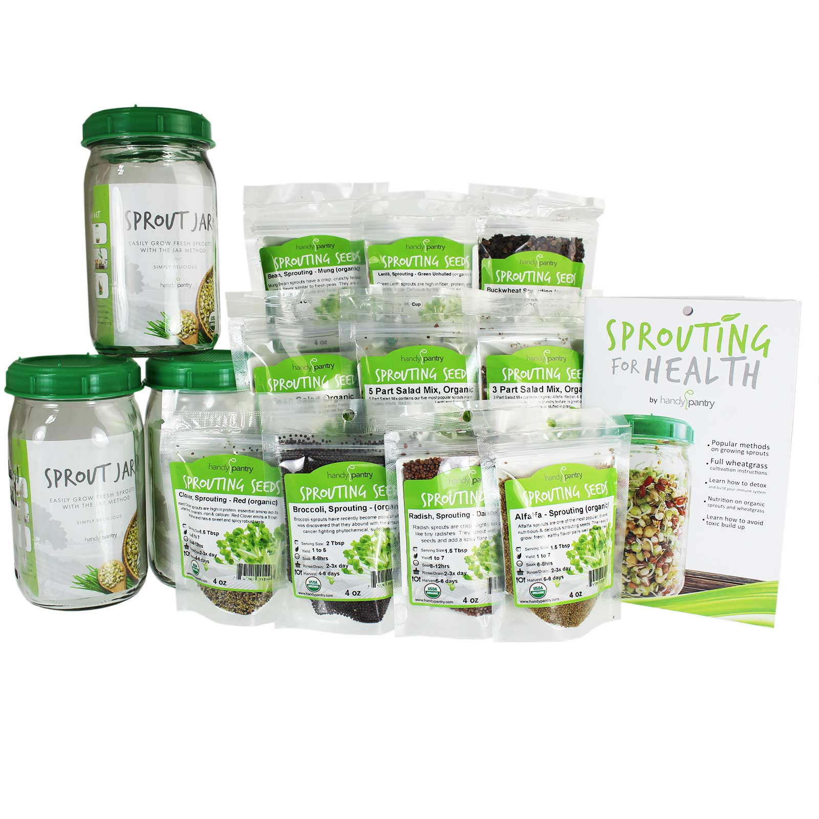 3 Jar Sprouting Starter Kit: Three 1 Quart Sprouting Jars, Instructions & 2.5 Lbs Organic Seeds: Alfalfa, Brocolli, Radish, Clover, Lentil, Mung Bean, Buckwheat, Bean Salad Mix, More