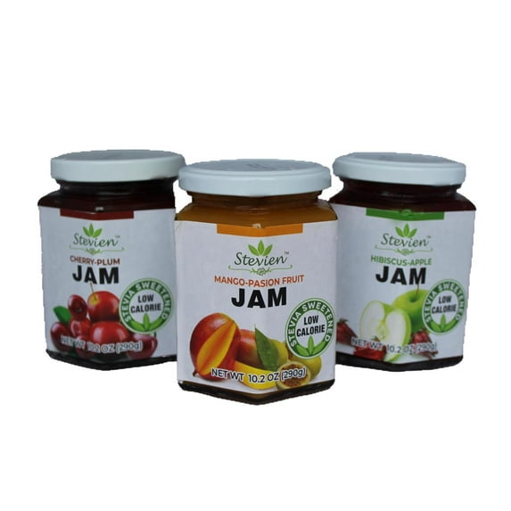 3 Jars of Stevien Jam | Keto Friendly | Made With Organic Stevia, Only 1g of Sugar Per Serving | Low Calorie | Vegan, Nut-Free, and Gluten Free| Peach, Strawberry, And Mixed Berries