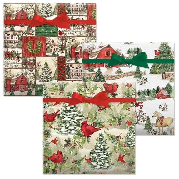 Current Jumbo Gift Wrap Paper Rolls, 3 pack- Horses, Evergreen, Cardinal Print
