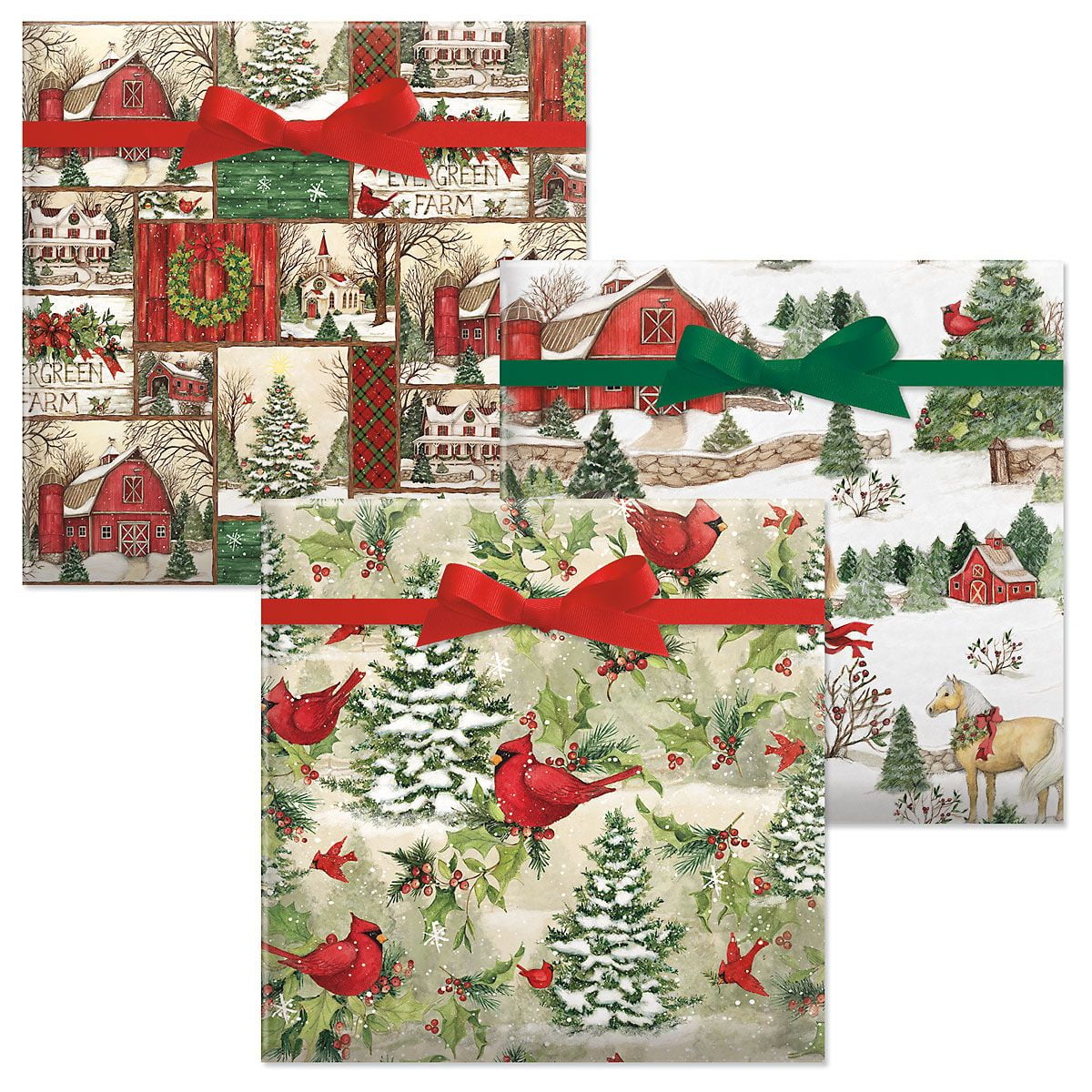 "3 Pack Jumbo Gift Wrap Rolls Holiday Horses, Evergreen, Tree