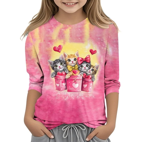 3 Kid Girl Boy Tops Shirts Cute Cat Print Top for Girls - 3/4 Sleeve T Shirts, Kittens Love Crewneck Blouse