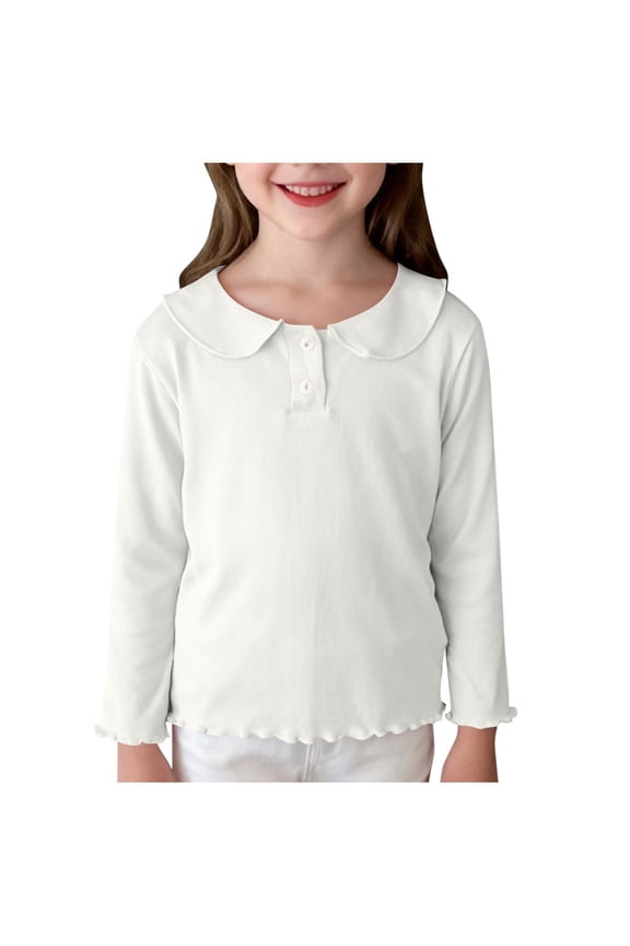 3 Kid Girl Boy Tops Shirts Girls Long Sleeve Blouse with Peter Pan Collar - Kids Toddler Button Detail & Wave Trim Hem Cuff, Cute Ruffle Trim Top for Party School