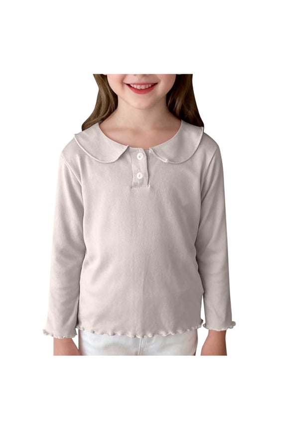 3 Kid Girl Boy Tops Shirts Girls Long Sleeve Blouse with Peter Pan Collar - Kids Toddler Button Detail & Wave Trim Hem Cuff, Cute Ruffle Trim Top for Party School