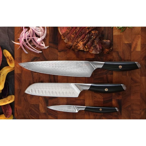 3 Knife Set Made from Japanese VG-10 Damascus Steel with Unique Feather Pattern - Long-lasting Ultra Sharp Edge - Full Tang