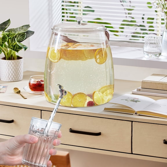 3 L Plastic Beverage Dispenser Container with Stainless Steel Spigot and Handle Leakproof Iced Juice Lemonade Drink Dispensers for Parties Large Clear Punch Pitcher with Lid