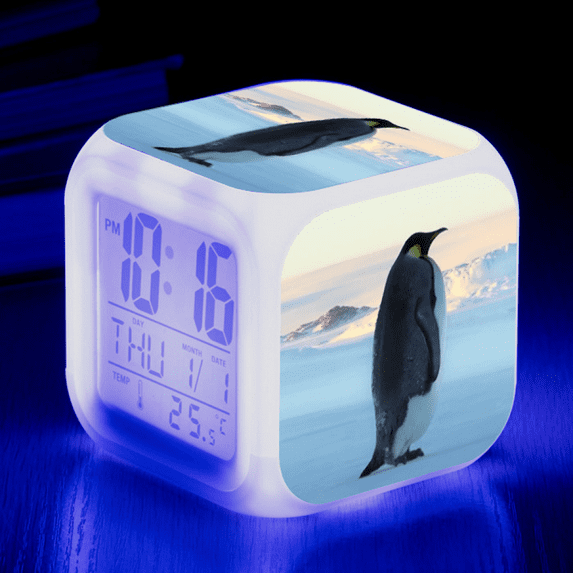 3"LED Alarm Clock Cartoon Penguins Pattern Desk Table Glowing Electronic Colorful Digital Clock for Girl Boy Kids Children Bedroom Toy Birthday Present Gift