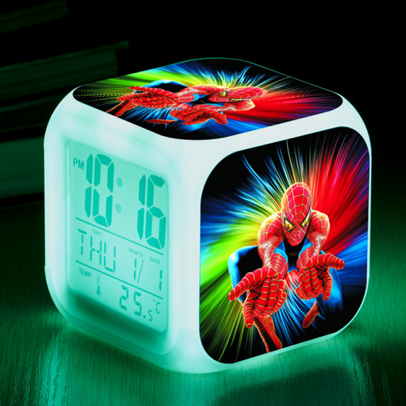 3＂LED Alarm Clock Cartoon Spider-Man Pattern Desk Table Glowing Electronic Colorful Digital Clock for Girl Boy Kids Children Bedroom Toy Birthday Present Gift