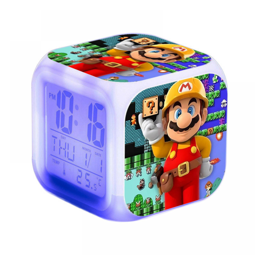 3LED Alarm Clock Cartoon Super Mario Pattern Desk Table Glowing Electronic Colorful Digital Clock for Girl Boy Kids Children Bedroom Toy Birthday Present Gift
